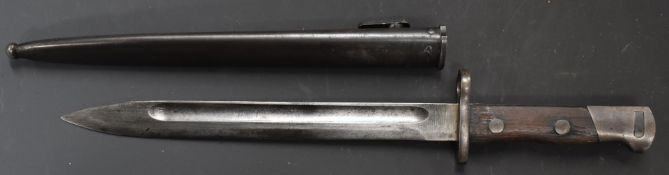 German Mauser export bayonet with wooden grips, fullered blade and scabbard. PLEASE NOTE ALL