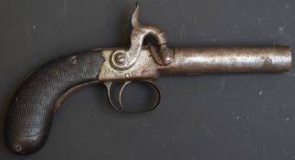 Unnamed percussion hammer action pocket pistol with engraved lock, top flat and hammer, chequered