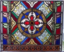 Victorian / Edwardian leaded stained glass panel with foliate decoration and central quatrefoil