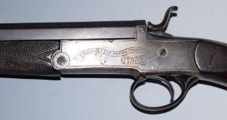 E M Reilly .380 hammer action rook rifle with chequered semi-pistol grip and forend, carved horn