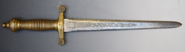 Continental short sword with brass grip and crosspiece, the 31cm blade marked Toledo Spain. PLEASE