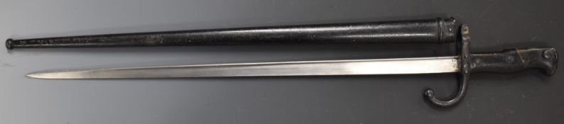 French 1874 pattern Gras bayonet, 1876 manufacture date to 52cm blade, with scabbard. PLEASE NOTE
