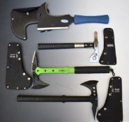 Three modern axes, two by United Cutlery, the other a SOC example, together with a Condor bush knife