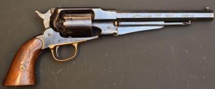 Navy Arms Co .44 six-shot single action revolver with brass trigger guard, shaped wooden grips and 8