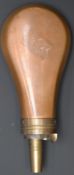Copper and brass pistol powder flask, 12.5cm long.