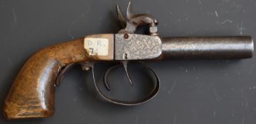 Unnamed percussion hammer action double barrelled side by side pocket pistol with engraved lock,
