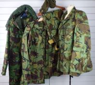 British Cold War DPM clothing comprising two jackets, one pair of trousers and a parka with liner,