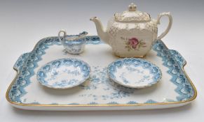 Copeland China breakfast tray, milk jug and saucers and a Sadler Cube teapot decorated with a rose