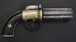 Unnamed six-shot bar hammer action pepperbox revolver with engraved lock, top strap, butt cap and