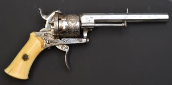 Unnamed 5mm six-shot double-action pin-fire pocket revolver with engraved frame and cylinder, shaped