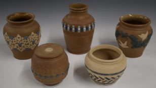 Four Royal Doulton Silicon Ware and Doulton Lambeth vases and a tobacco jar, tallest 15.5cm