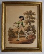 19thC watercolour boy running with a dog in a rural landscape with church and village beside a