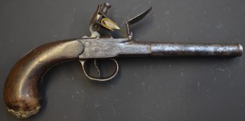 L Parr Queen Anne flintlock double barrelled side by side pistol with silver wire inlaid walnut