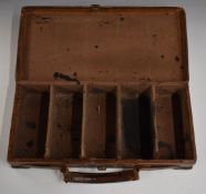 Leather 20 bore or .410 shotgun cartridge carry case bound in brown leather with brass lock and