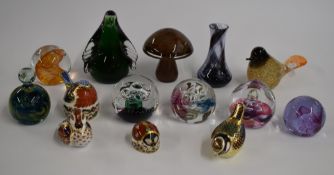 Thirteen Royal Crown Derby, Caithness, Mdina, Wedgwood and similar glass and ceramic paperweights