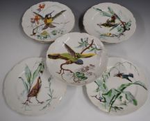 19thC porcelain dessert service with enamelled decoration of birds, diameter 22.5cm