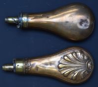 Two G & J W Hawksley copper and brass powder flasks, one with embossed decoration, largest 20cm