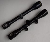 Two rifle scopes Leslie Hewett 4x40 and Viking Wide Angle 3-9x40 with scope mounts.