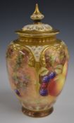 Royal Worcester pedestal painted fruit pot pourri signed Leaman, H16cm