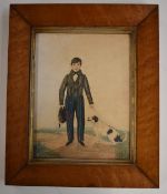 19thC naive watercolour portrait of a man holding a hat, with dog beside him, 23 x 17cm, in period