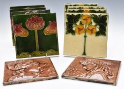 Ten 19thC / Art Nouveau tiles, most 15x15cm