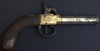 Percussion hammer action pocket pistol with engraved brass frame, chequered grips, vacant
