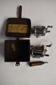 Hardy Elarex multiplier fishing reel in original box and a good quality anonymous reel with engine