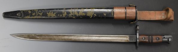 WW1 American bayonet with clear stamps to ricasso, 43cm fullered blade, scabbard and frog.PLEASE
