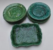 Twelve Majolica plates including Wedgwood