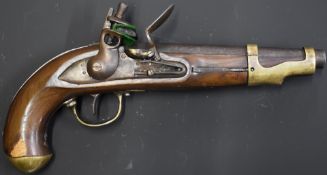 French Dragoon style flintlock hammer action pistol with lock marked St Etienne, brass trigger guard