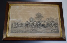 Victorian hunting print, probably the Cheshire Hunt, in period rosewood frame with key plate, and