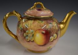Royal Worcester painted fruit teapot signed Leaman, H14cm