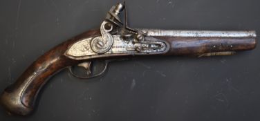 Hardwell flintlock hammer action pistol with named and engraved lock, engraved steel hammer and