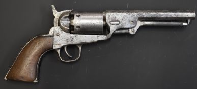 Colt style .36 six-shot single action revolver with indistinctly named cylinder, shaped wooden grips