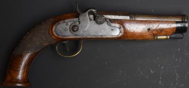 Unnamed percussion converted from flintlock hammer action coat pistol with shaped hammer, brass