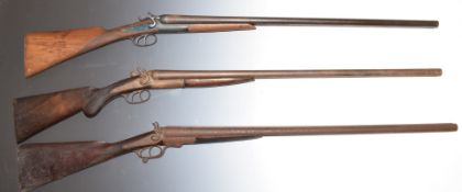 Three 12 bore side by side hammer action shotguns, two with Belgian serial numbers B7 and 3079 the