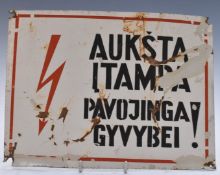 Painted tin warning sign 'High Voltage', 29 x 21cm