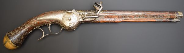 Eastern wheel-lock pistol with all over brass wire inlaid and studded decoration, purred trigger