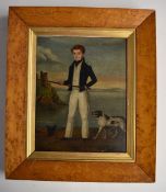19thC oil on panel portrait of a man with dog, inscribed verso Robert Crawford with reference to