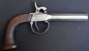 Belgian 40 bore percussion hammer action pocket pistol with shaped wooden grip and 3.25 turn off