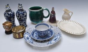 Royal Lancastrian jug, Pilkington covered pot, Satsuma vase, Belleek jug, Meissen plate, Chinese