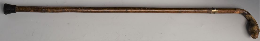 A walking stick with carved hare's head handle and hallmarked silver collar, length 84cm