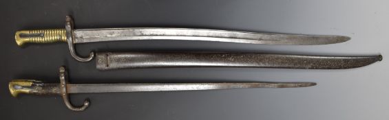 Two French bayonets comprising an 1874 Gras example with T form 51cm blade and an 1866 Chassepot