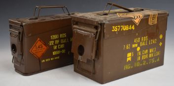 Two metal military ammunition tins 7.62mm and .22RF, largest 30x16x18cm.