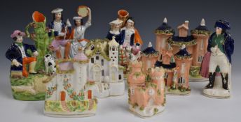 Nine Staffordshire flatbacks, pastille burner, spill vases and Napoleon figure, tallest 22cm
