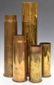 Five WW1 brass shell cases, one by Polte Madgeburg 1916, tallest 50cm