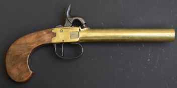 Unnamed 22 bore percussion hammer action belt pistol with brass frame, shaped wooden grips, steel