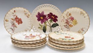 Set of twelve Copeland dessert plats decorated with botanical scenes and two similar Wedgwood ribbon