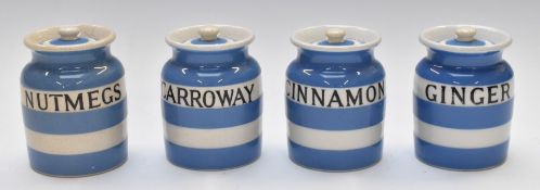 T G Green spice jars comprising Carroway, Ginger, Cinnamon and Nutmegs, H10cm