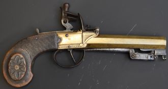 Belgian 32 bore flintlock hammer action pocket pistol with sprung bayonet, carved and chequered
